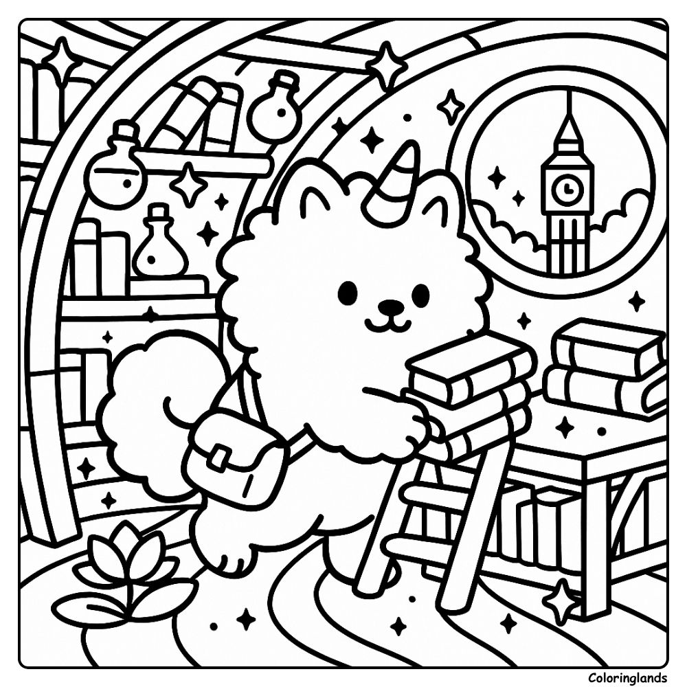 Petit chien licorne duveteux avec des livres à Londres - image à imprimer