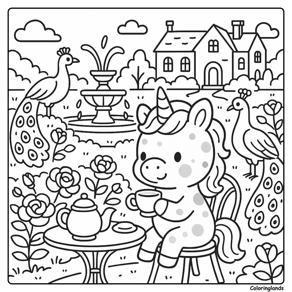 Unicorn sips tea near roses, fountain, and tall birds