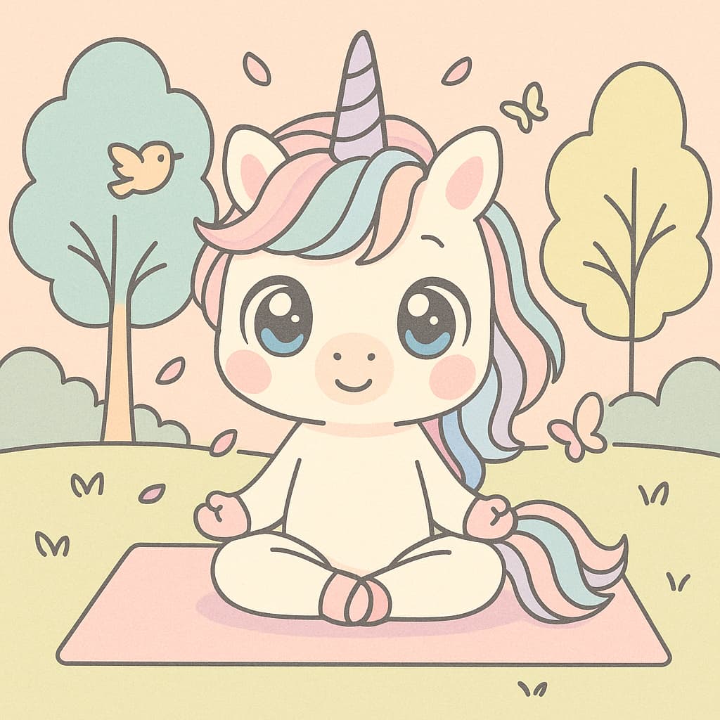 Meditating unicorn on a mat coloring idea in soft pastels