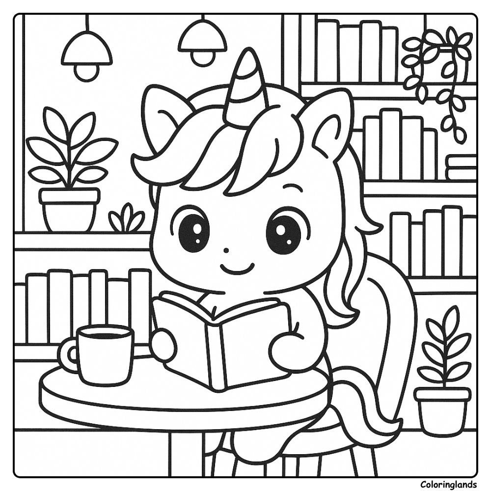 Adorable licorne lisant un livre dans un café, feuille de coloriage