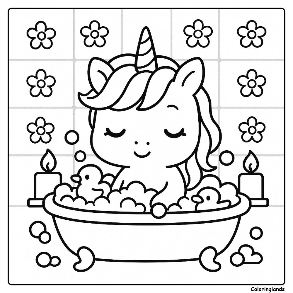 Adorable licorne dans une baignoire moussante avec des canards en caoutchouc et des bougies