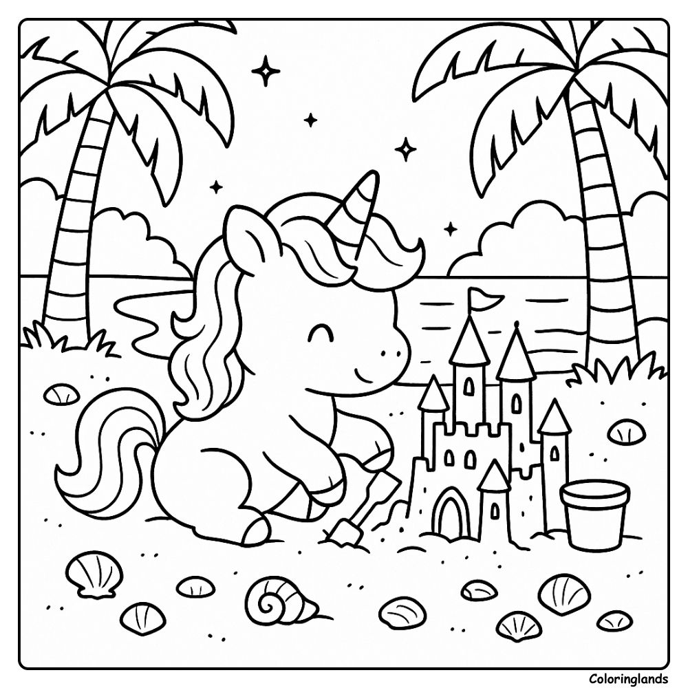 Une licorne construit un château près des coquillages et d'un océan tranquille