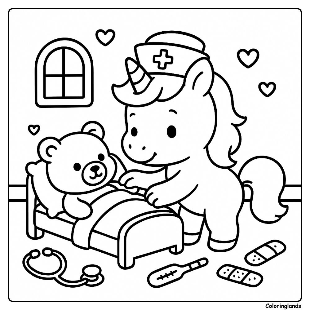 La licorne soignante borde un nounours dans un lit douillet