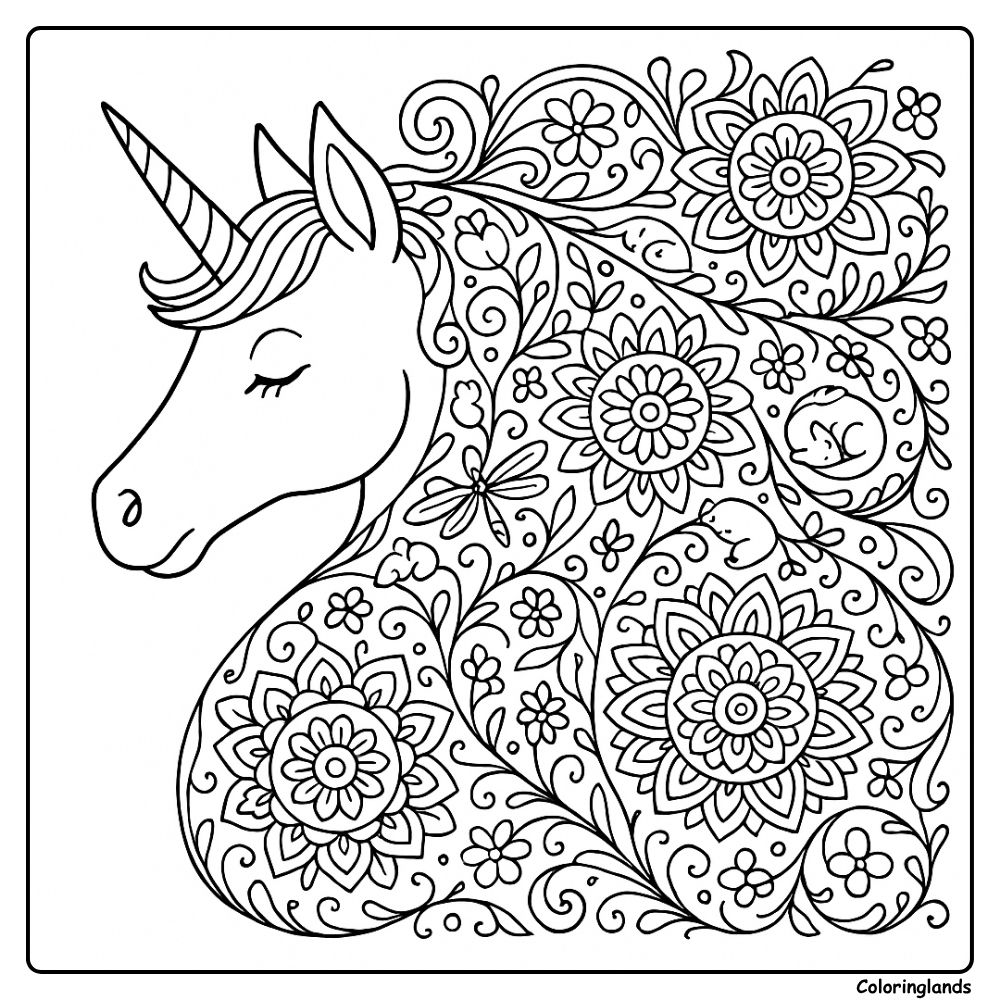 Dessin détaillé de licorne entourée de fleurs et de feuilles