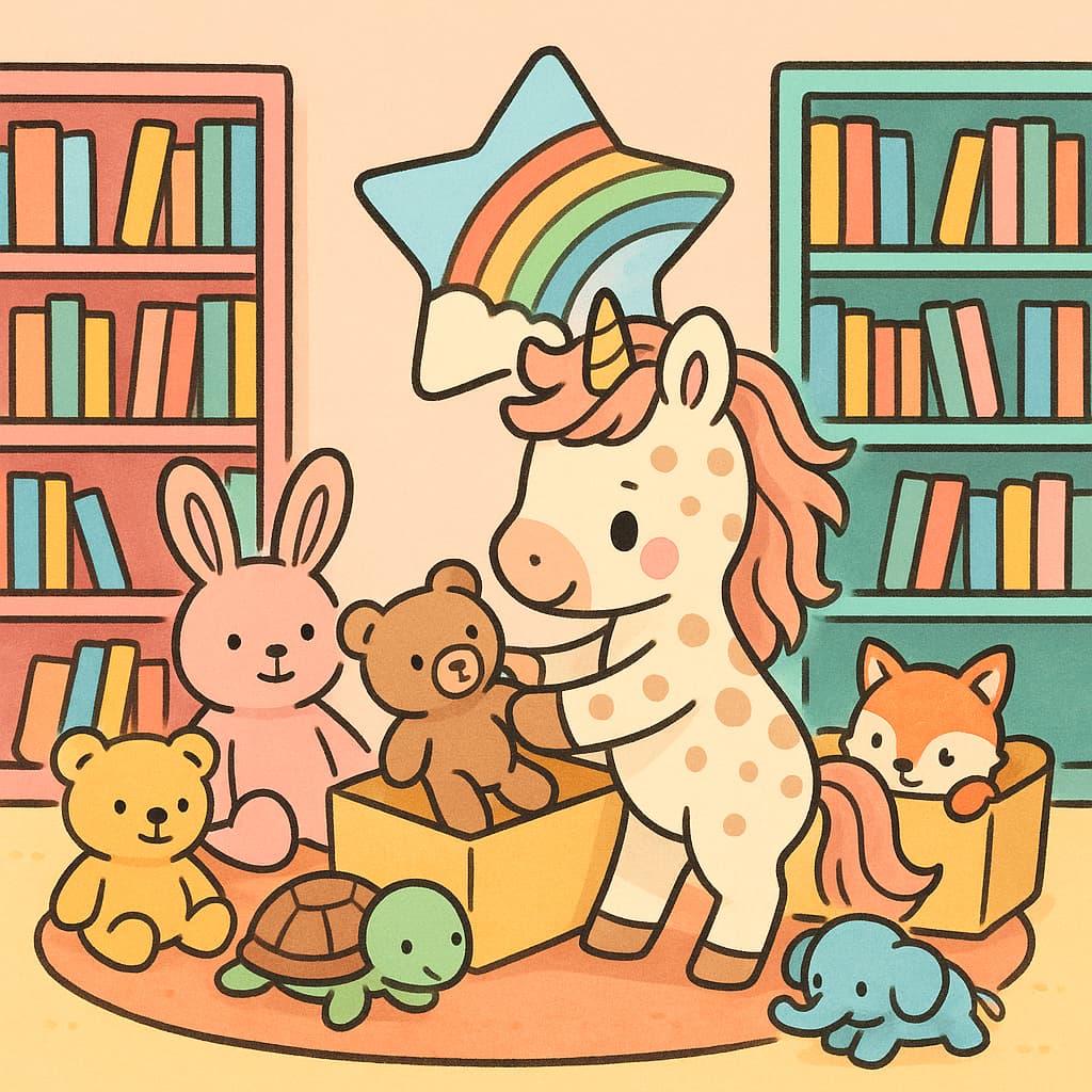 Feuille de coloriage de salle de jeux avec des livres, des jouets en peluche et des boîtes