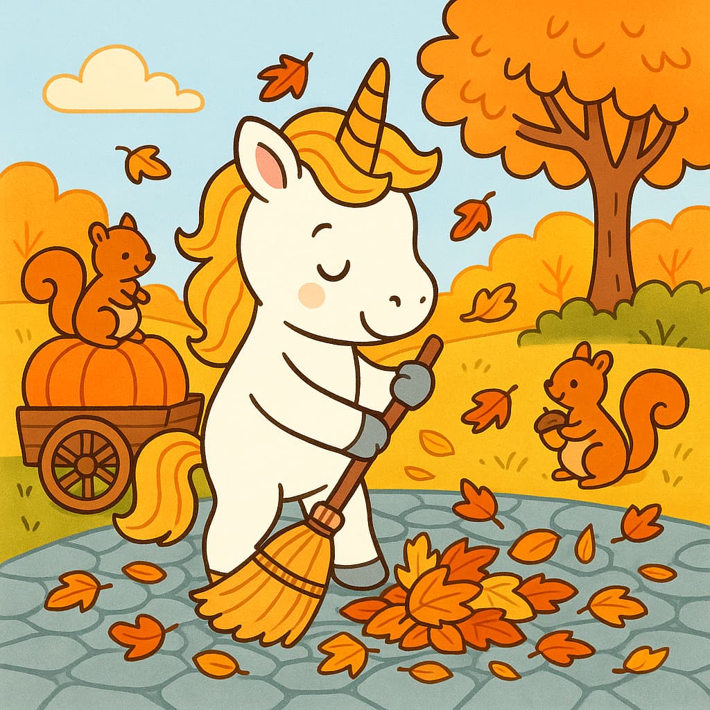 Image de coloriage d'un bébé licorne dans un parc automnal ramassant des feuilles