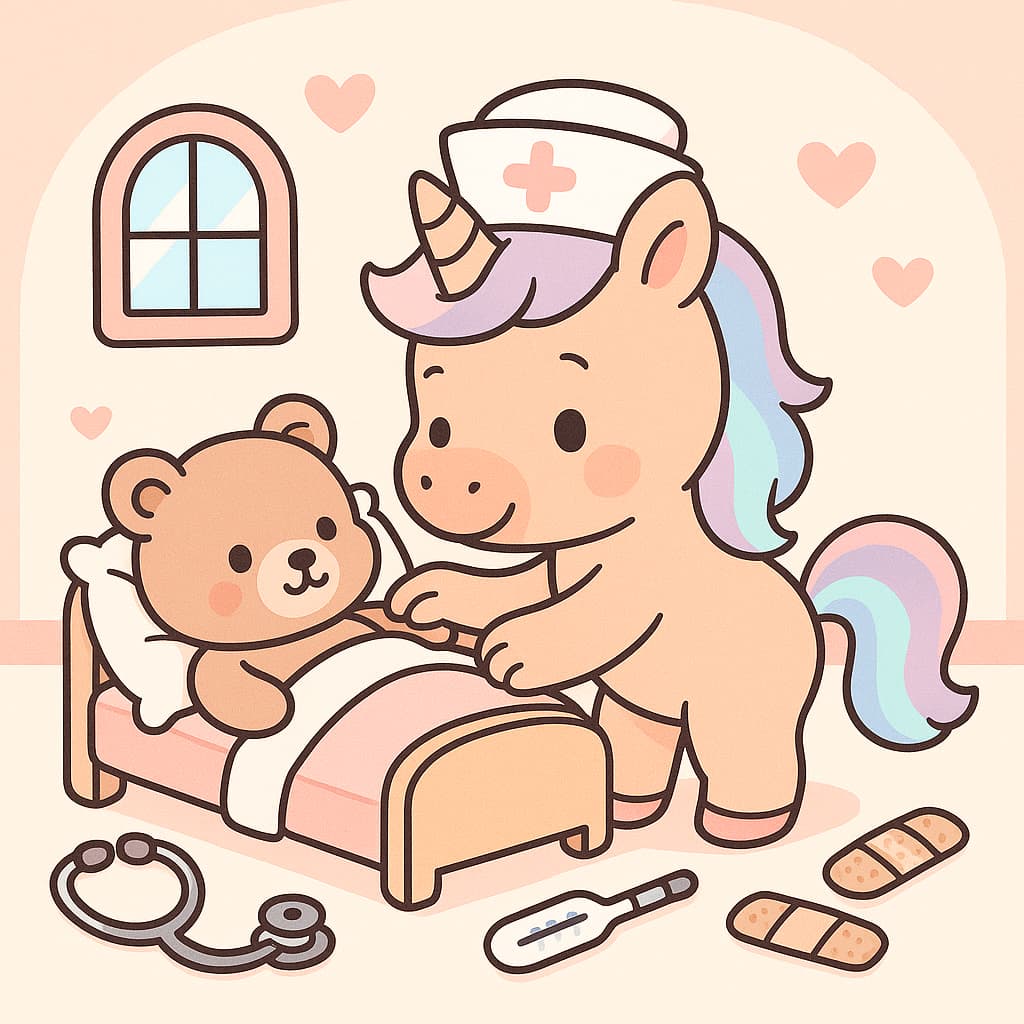 Image de coloriage de clinique avec nounours, chapeau d'infirmière et cœurs