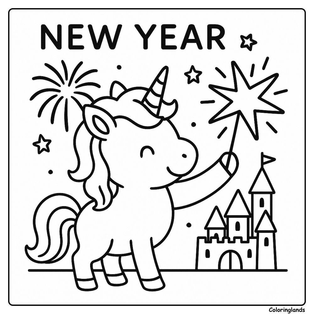 La licorne agite une baguette étoilée tandis que les feux d'artifice illuminent le ciel