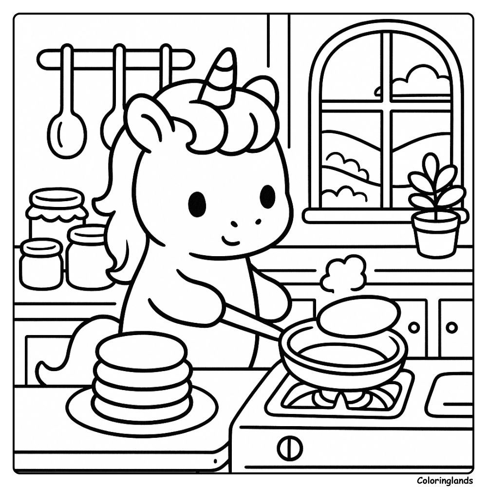 Une licorne prépare des crêpes dans une cuisine ensoleillée d'un cottage