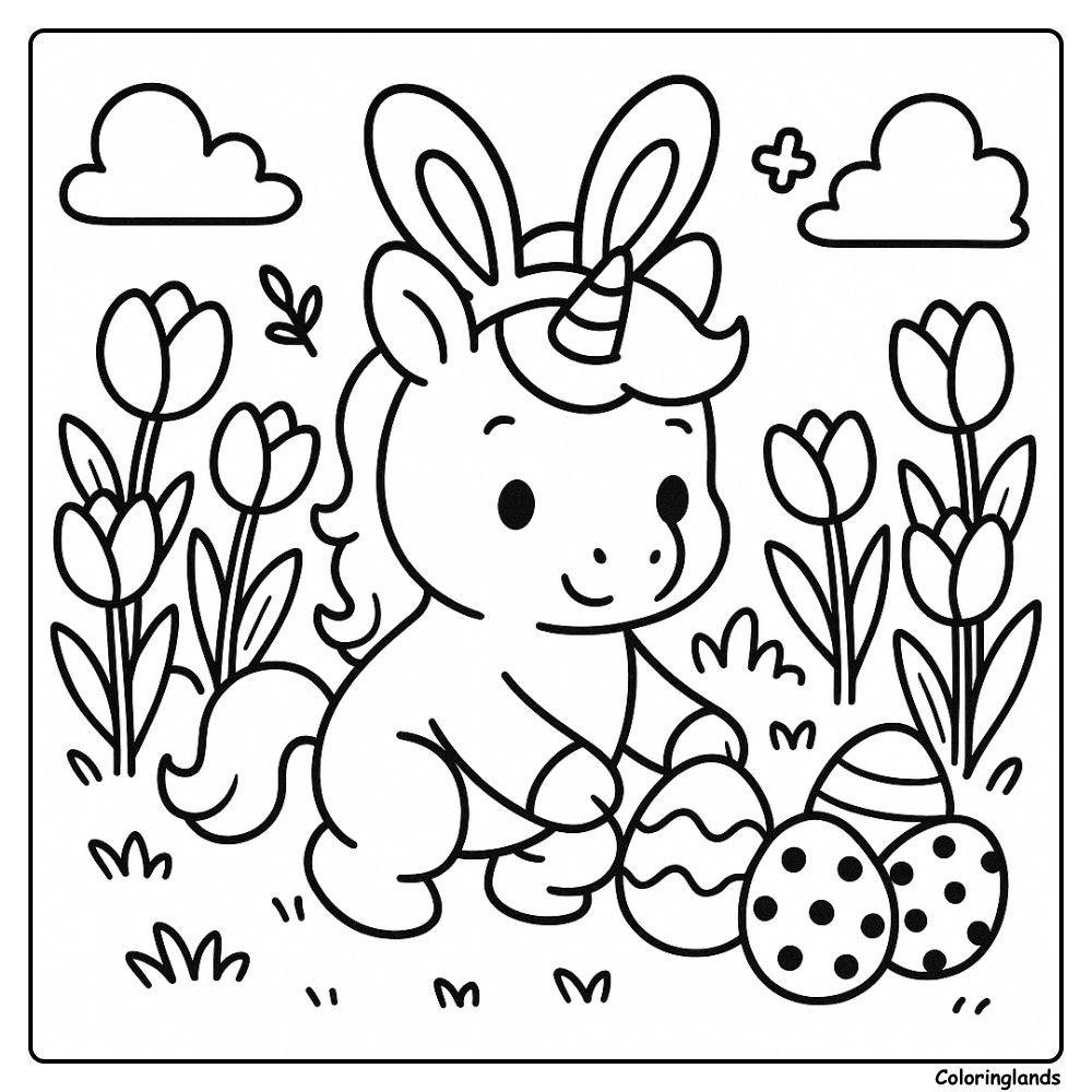 Licorne avec des oreilles de lapin ramassant des œufs décorés parmi les fleurs