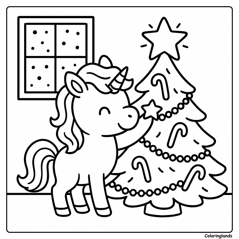 La licorne place une étoile brillante sur un arbre en sucre d'orge