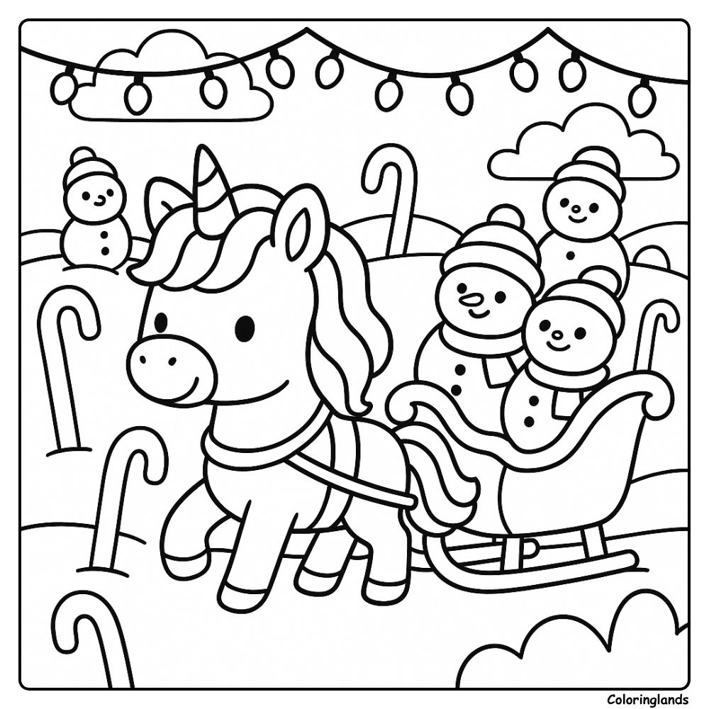 Feuille de coloriage gratuite scène hivernale de balade en traîneau avec licorne