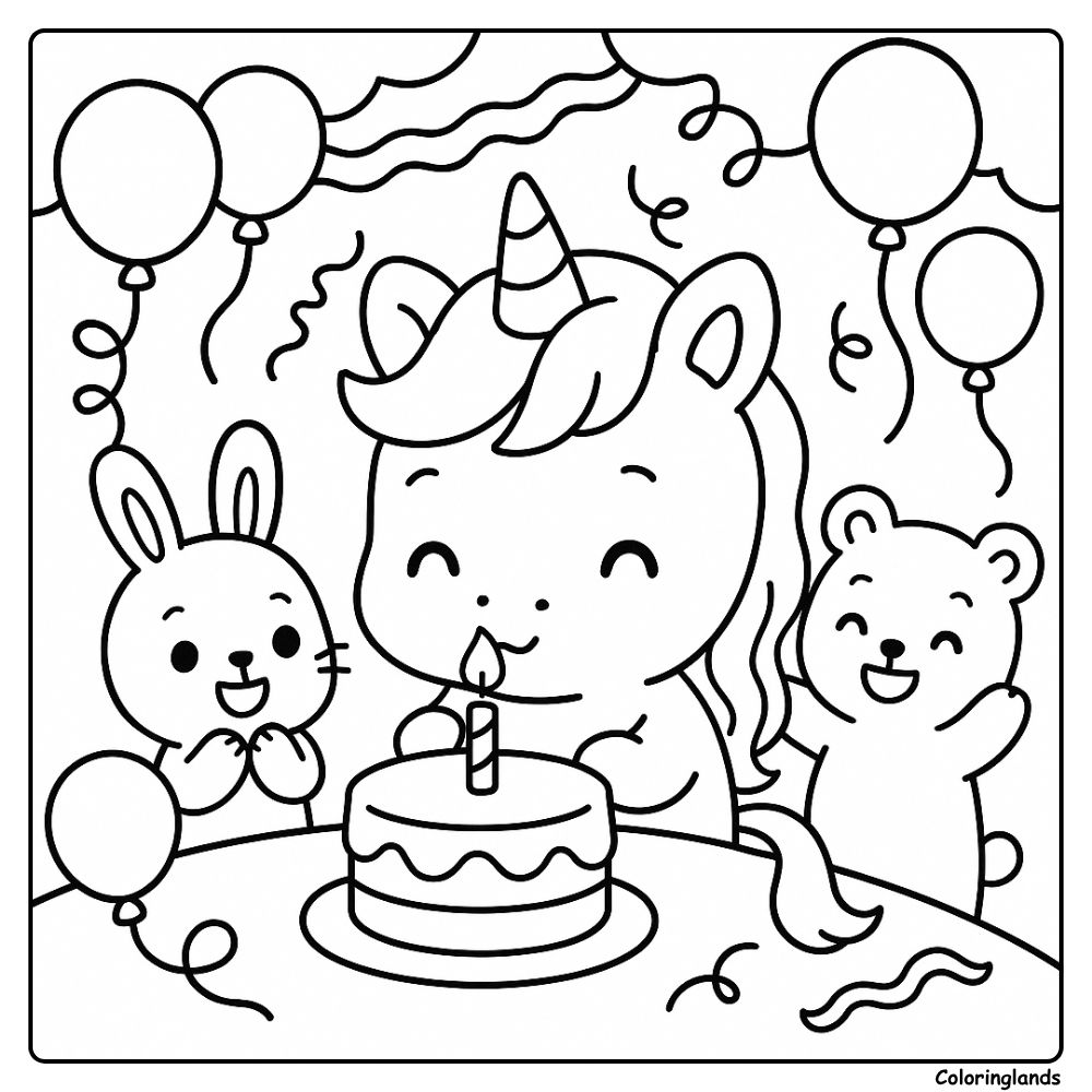 Feuille de coloriage d'anniversaire de licorne mignonne avec gâteau