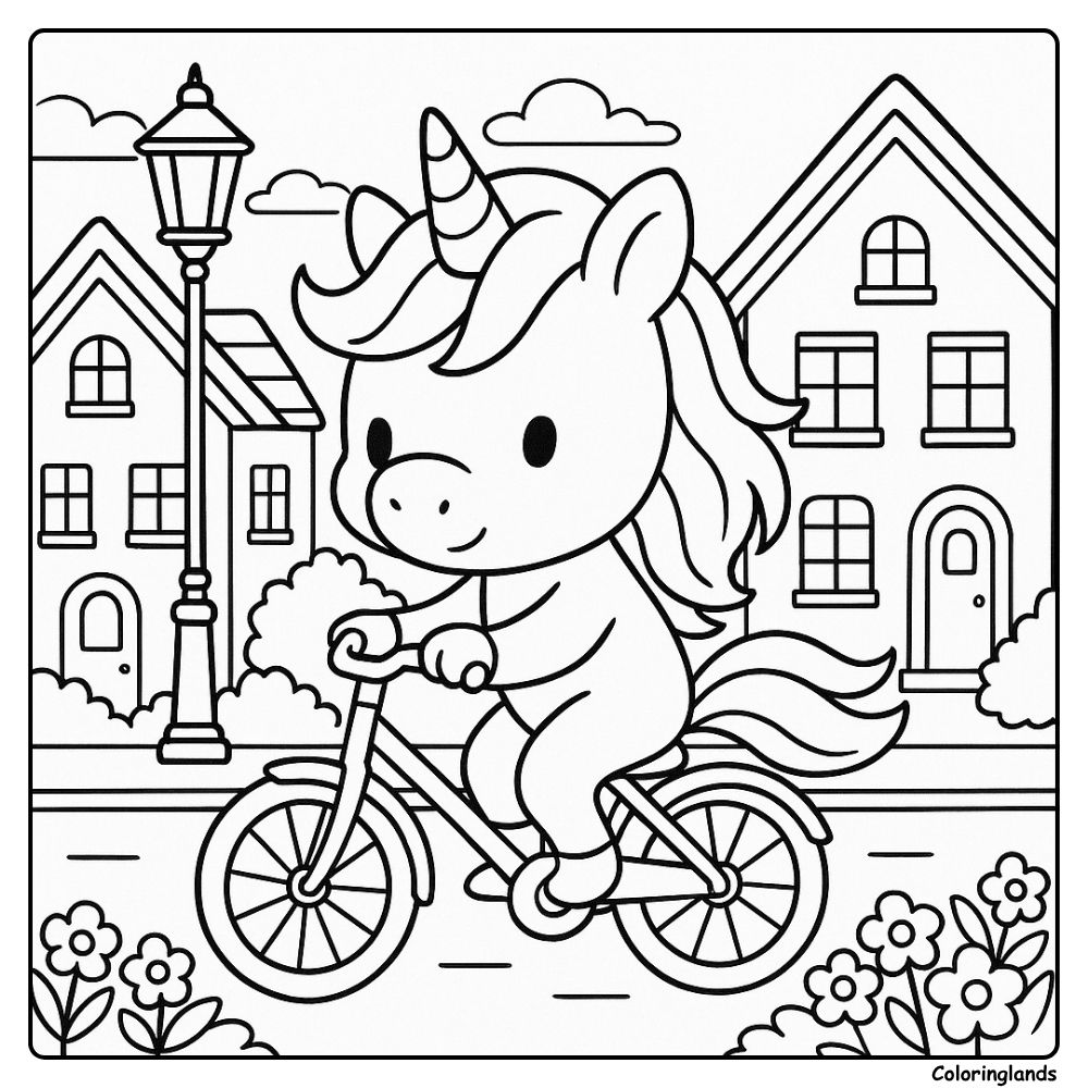 Image à imprimer de licorne à vélo en ville pour coloriage