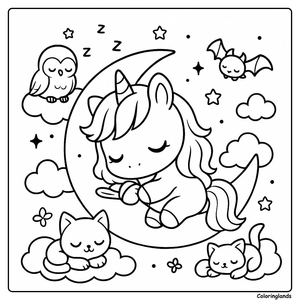 Coloriage de licorne reposant sur un croissant de lune étoilé