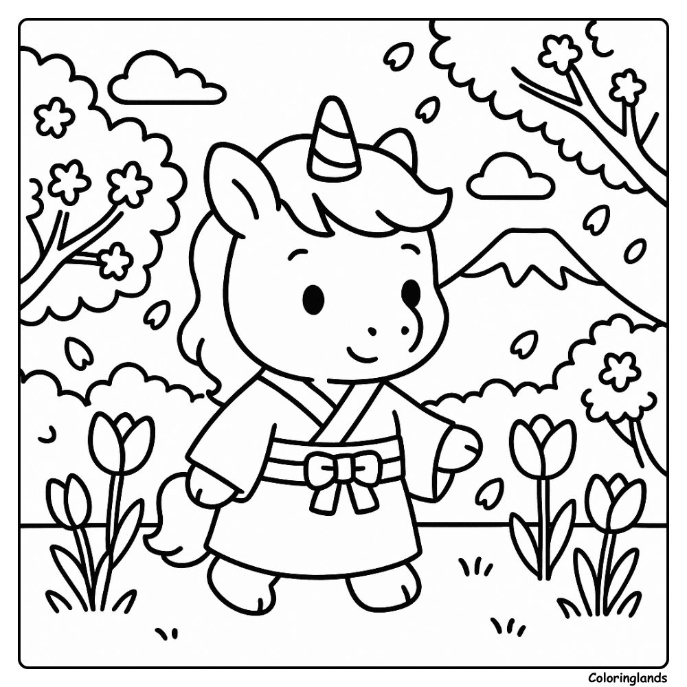 Une licorne parcourt un chemin printanier avec une montagne au loin