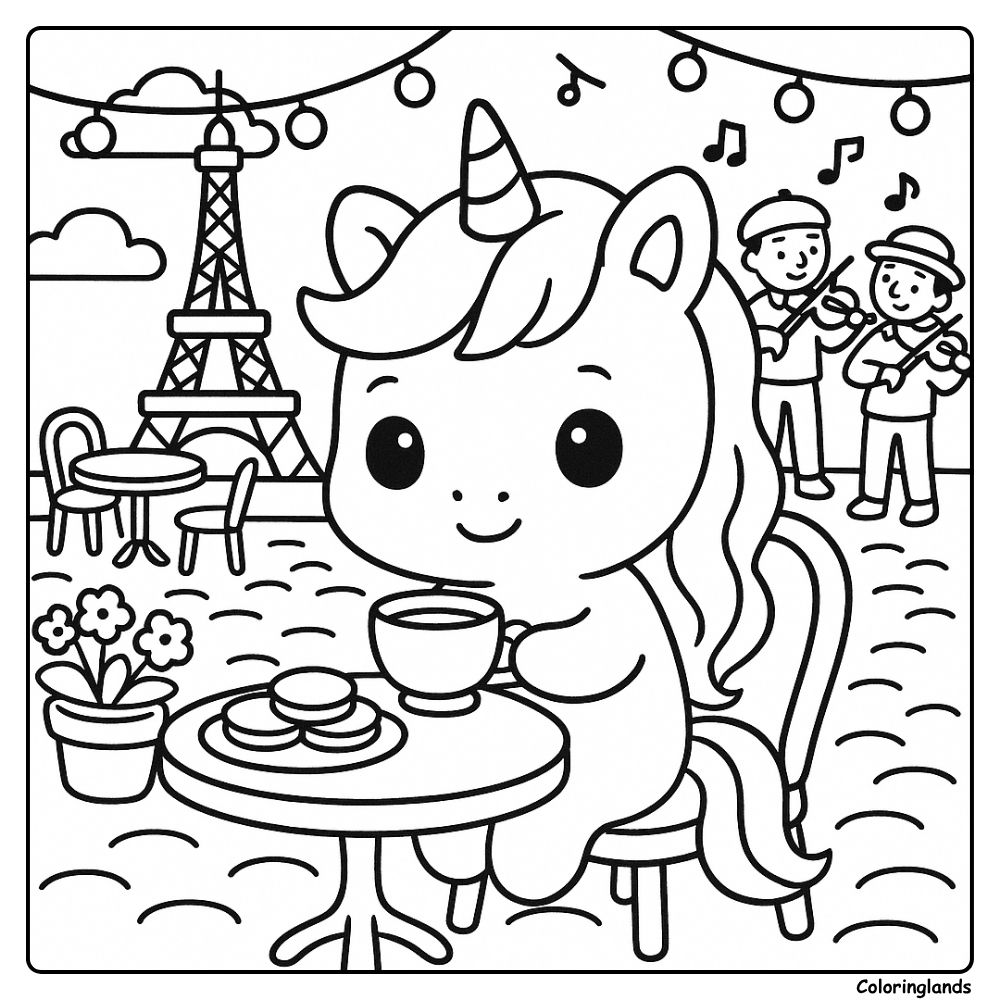 Adorable licorne buvant du thé à Paris avec la Tour Eiffel en arrière-plan, feuille de coloriage