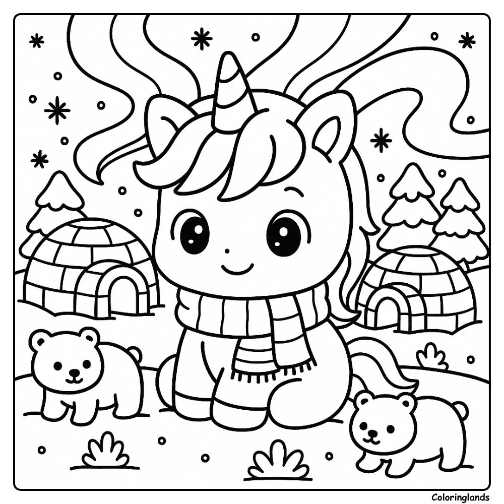 Image à colorier d'une adorable licorne avec un igloo et des ours polaires