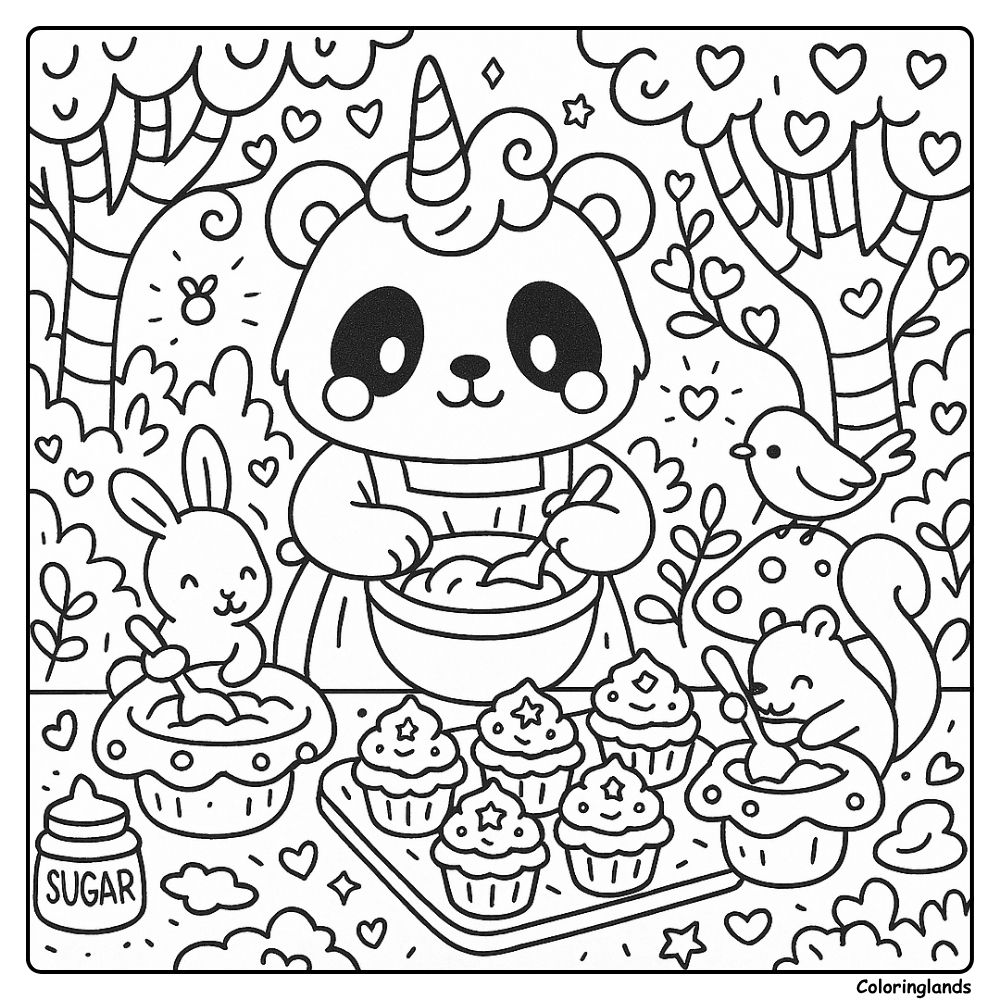 Image mignonne à colorier d'un panda licorne cuisinant des cupcakes étoilés