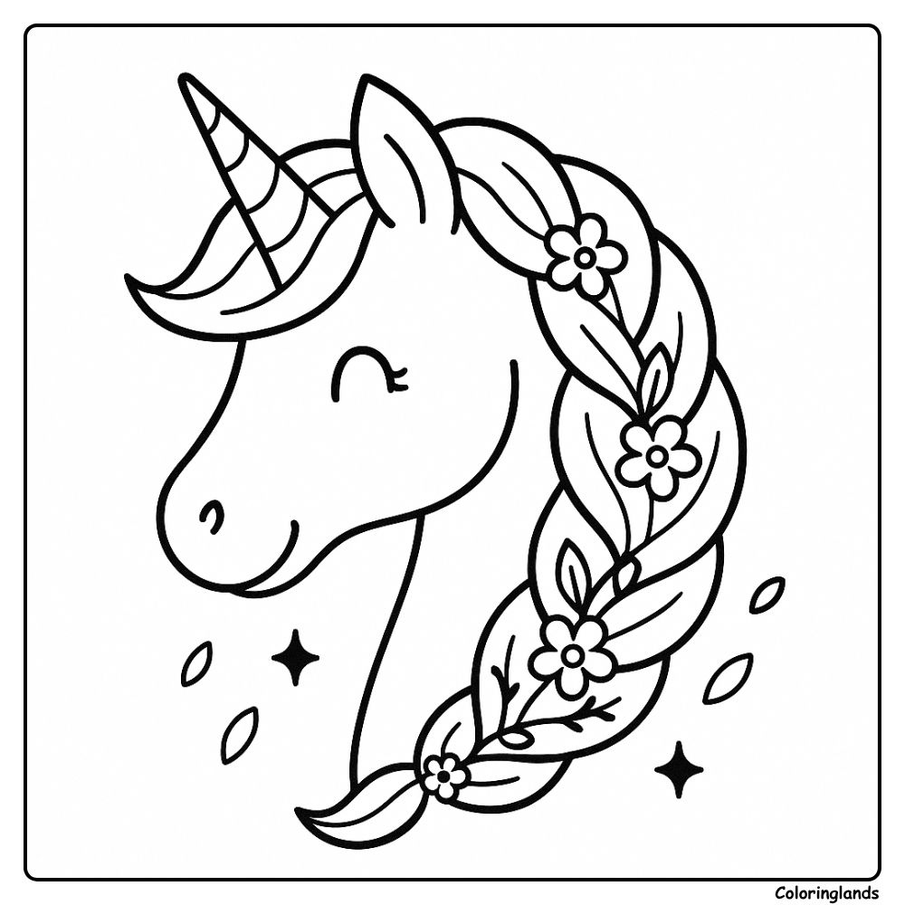 Profil de licorne souriante avec tresse fleurie, contour net
