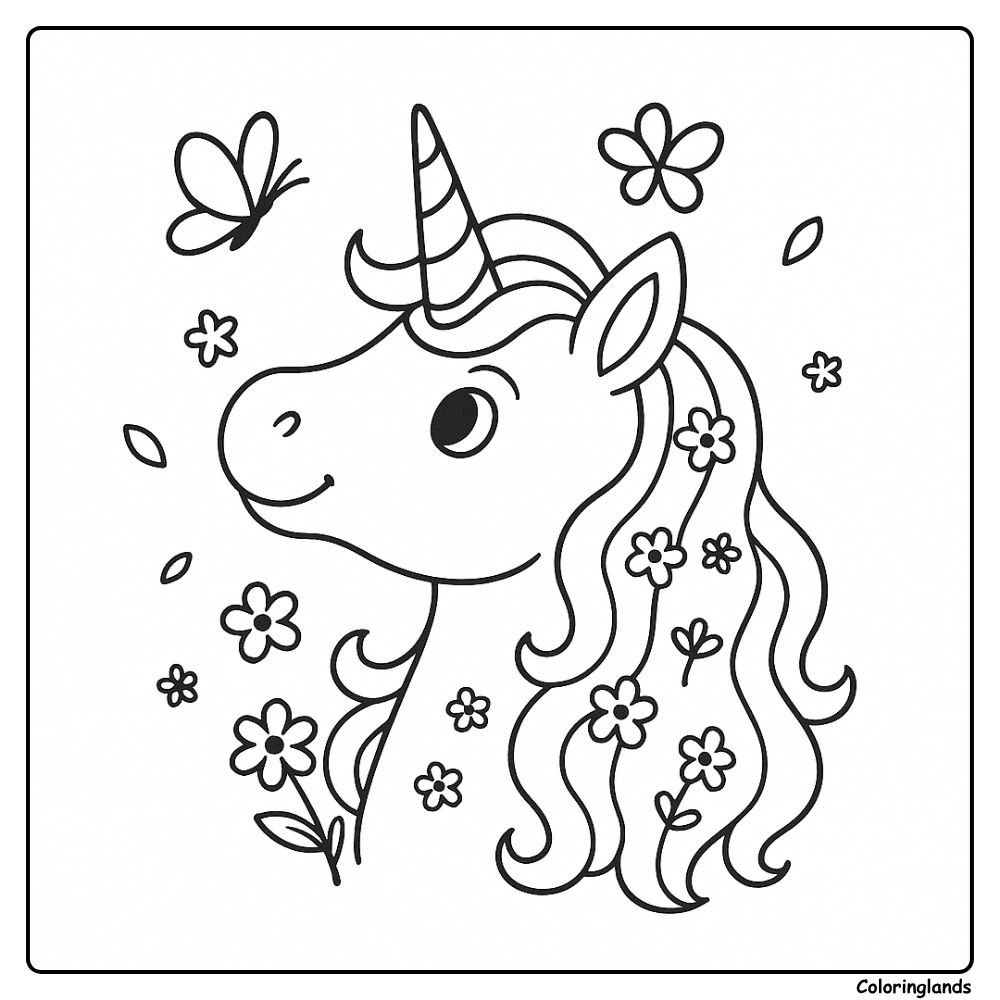 Portrait espiègle de licorne parmi les fleurs, dessin facile