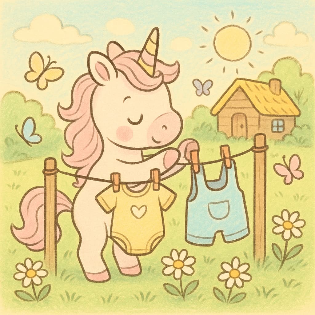 Feuille de coloriage de bébé licorne à la campagne avec du linge