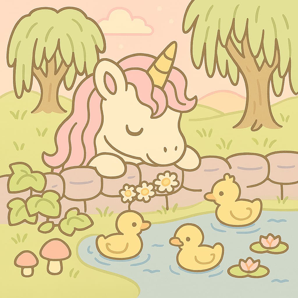 Spring pond coloring image with ducklings and stone wall