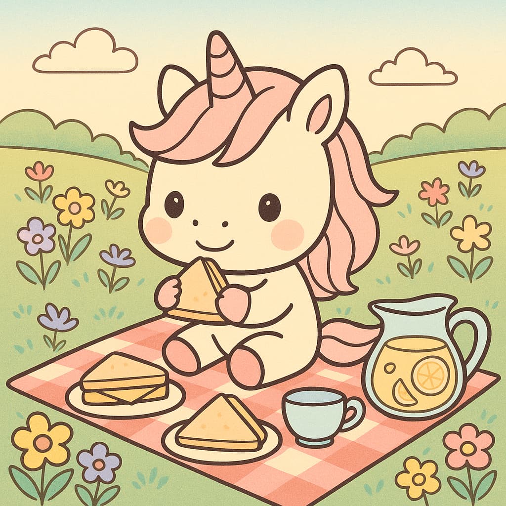Adorable licorne savourant des sandwiches en plein air, idée de coloriage