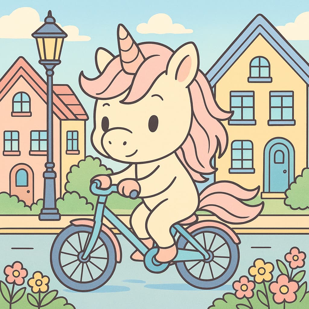 Idée de coloriage : une licorne à vélo passant devant des maisons accueillantes dans une rue