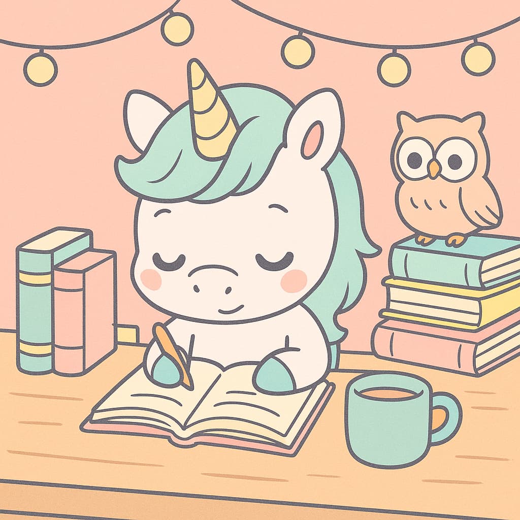 Licorne en train d'écrire à un bureau douillet avec une idée de coloriage de hibou