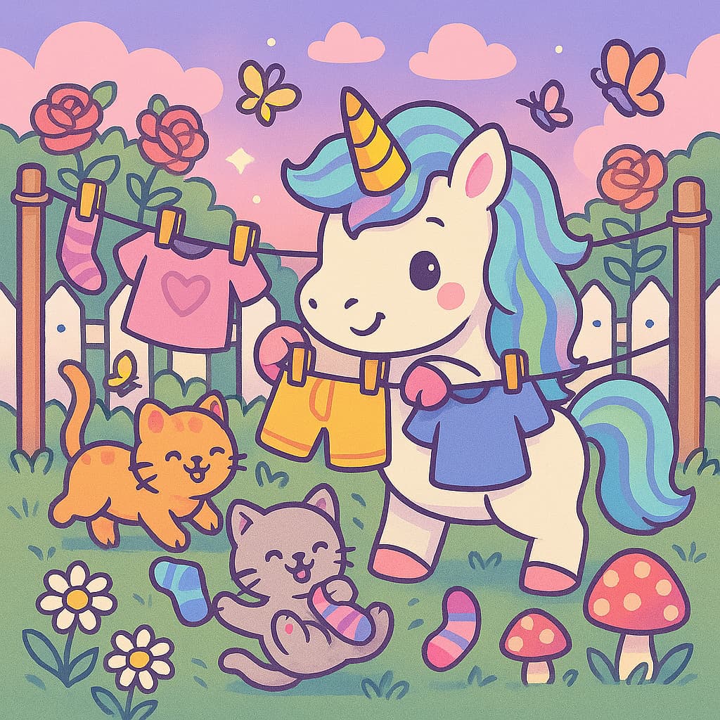Image de coloriage de corvées de jardin avec licorne et chats espiègles