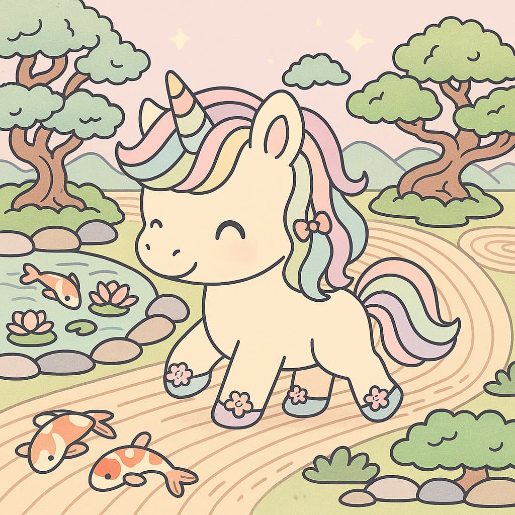 Licorne à côté d'un étang à koi dans une scène zen, idée de coloriage