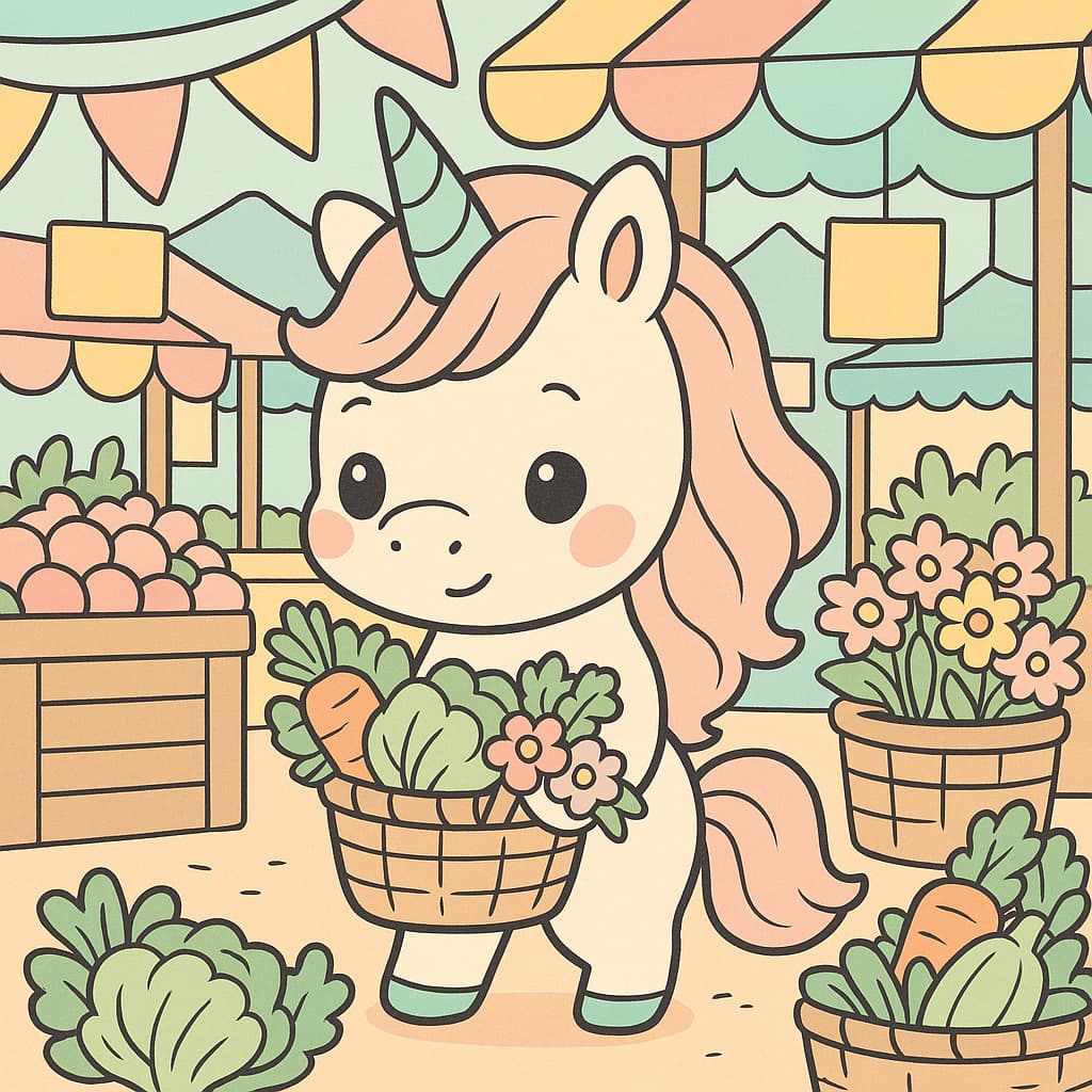 Idée de coloriage : Licorne faisant ses courses au marché