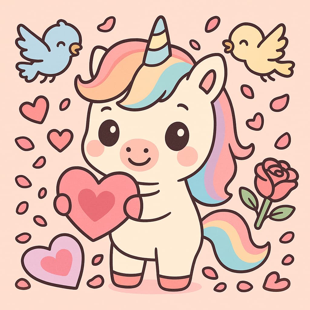Licorne de Saint-Valentin tenant un grand cœur, idée de coloriage mignonne