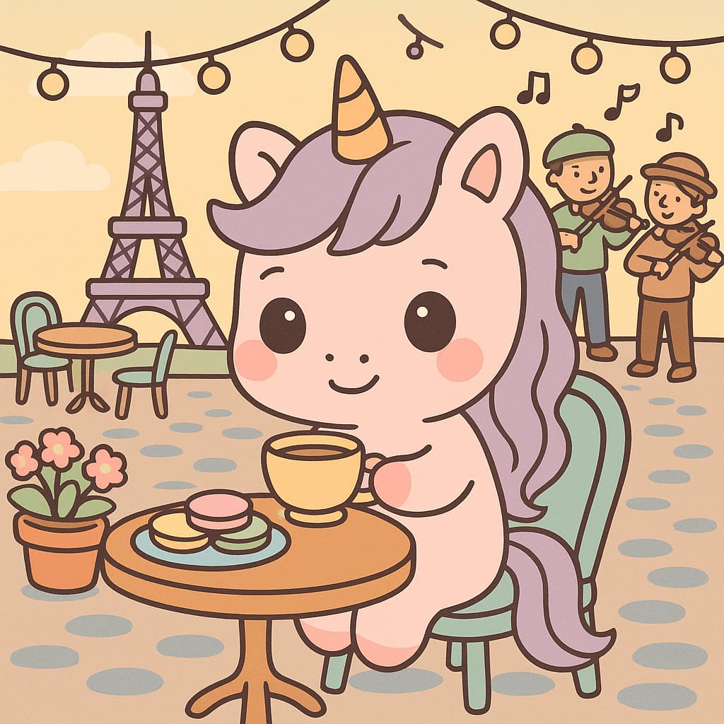 Idée de coloriage : licorne sirotant du thé près de la Tour Eiffel