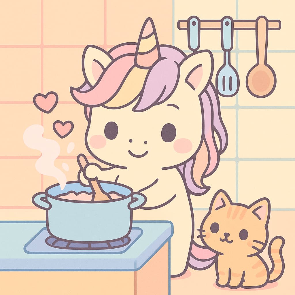 Idée de coloriage d'une licorne cuisinant une soupe à côté d'un chaton mignon