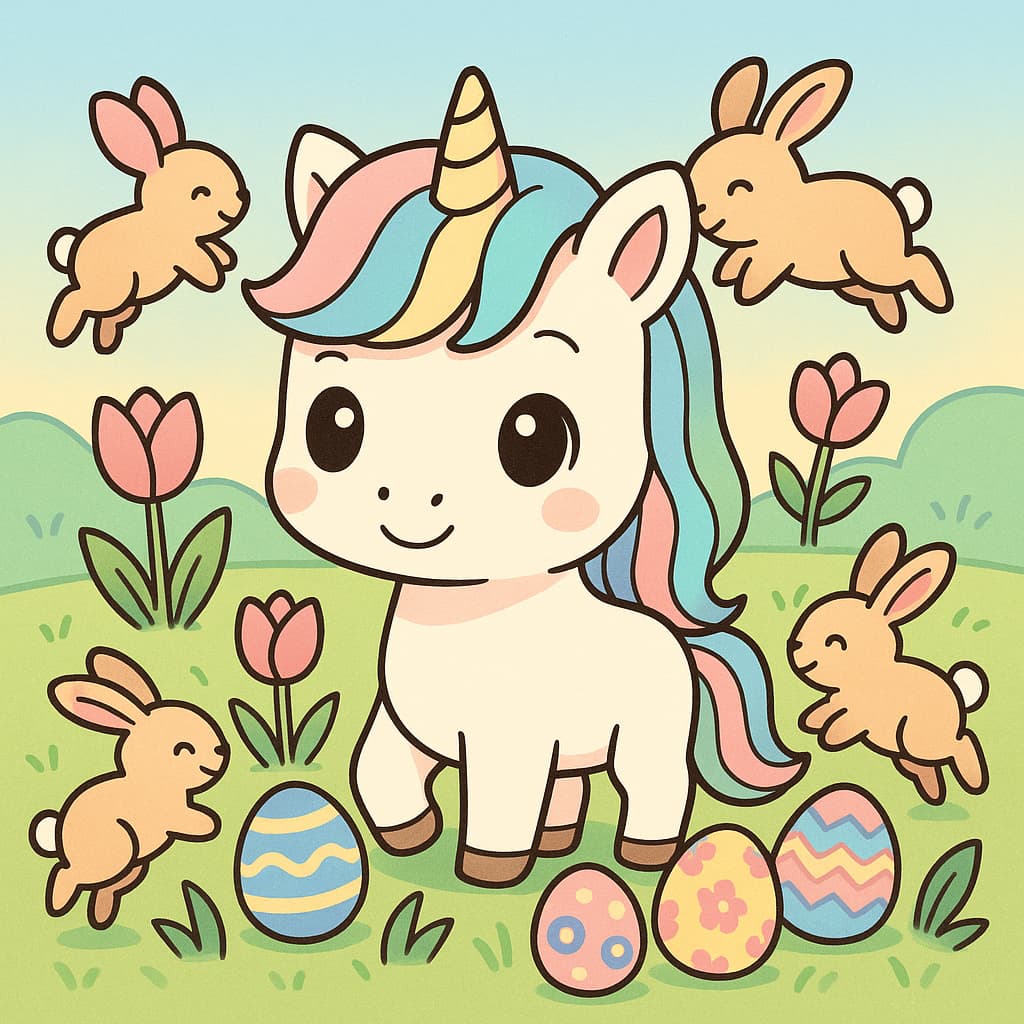 Idée de coloriage de licorne de Pâques dans une prairie avec des œufs décorés