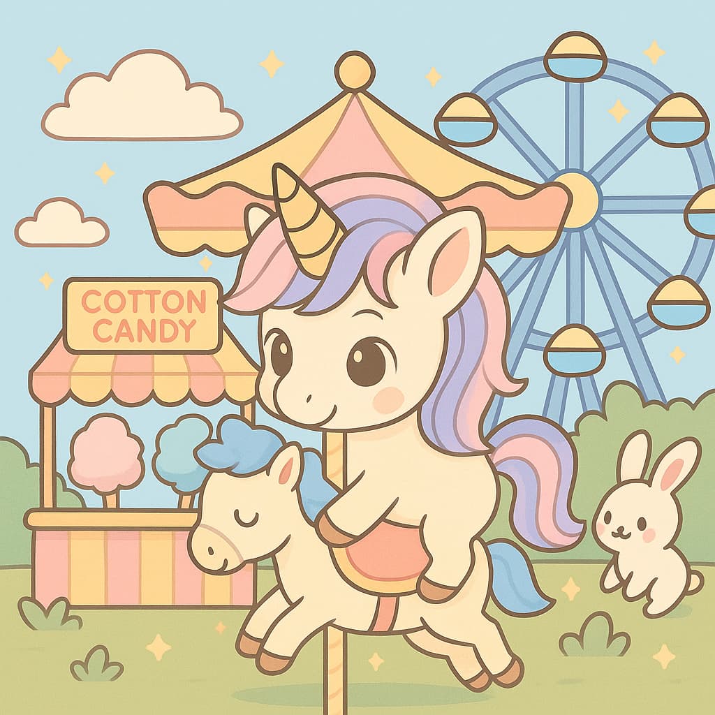 Idée de coloriage de licorne sur un manège à la fête foraine