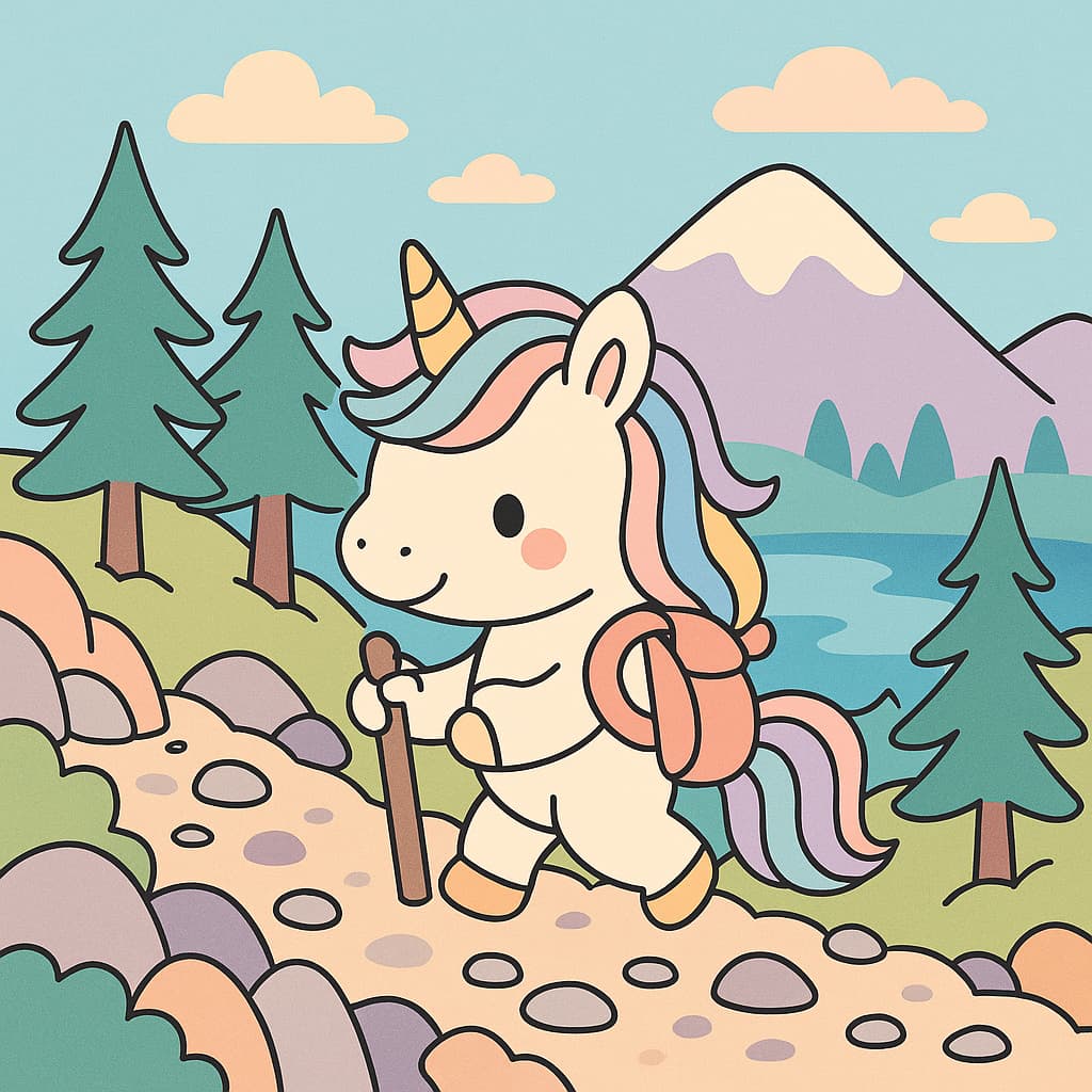 Idée de coloriage d'une licorne sur un chemin rocailleux près d'un lac
