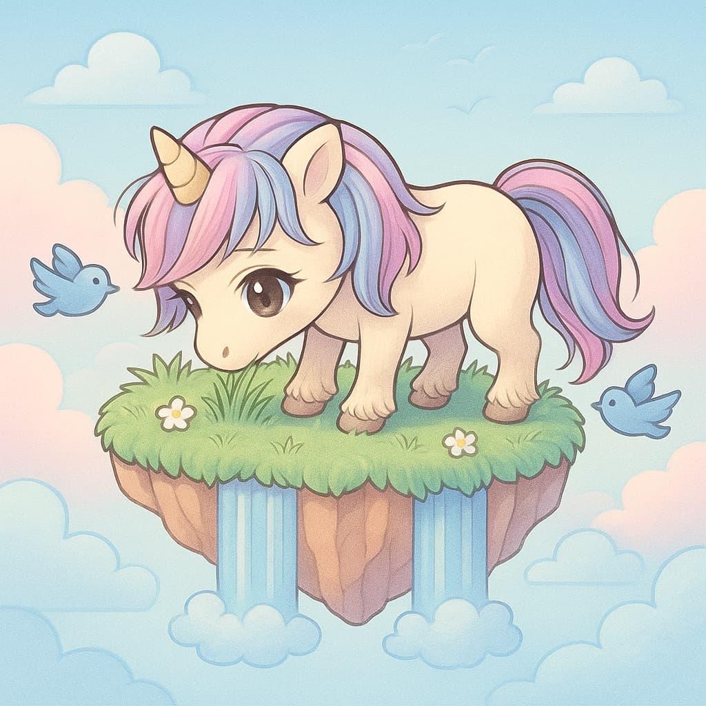 Idée de coloriage d'une licorne sur une île de nuages avec des cascades