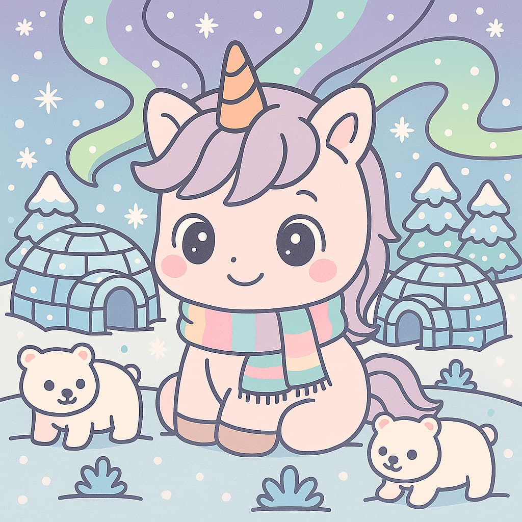 Idée de coloriage de licorne arctique avec des oursons et des aurores boréales