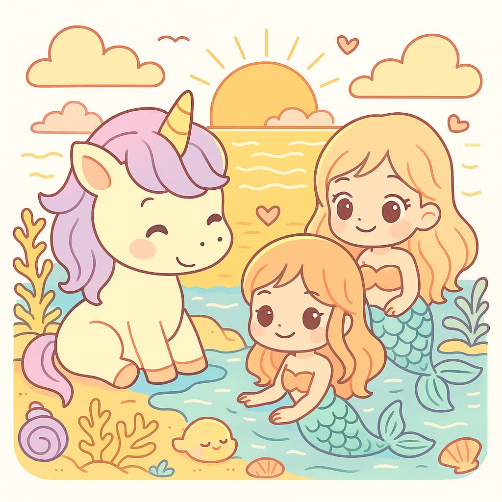 Idée de coloriage : rencontre entre une licorne et des amies sirènes au bord de la mer