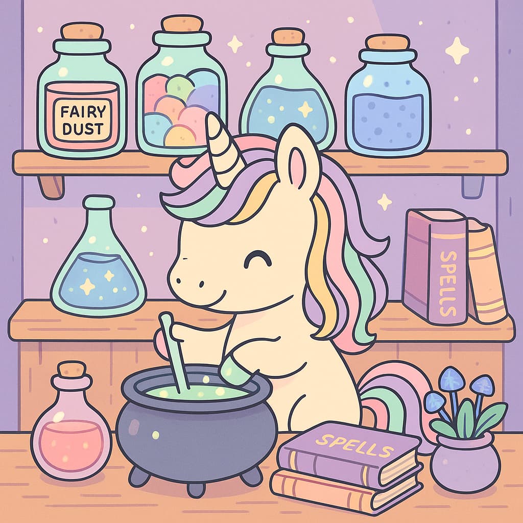 Licorne mélangeant des potions dans un laboratoire douillet, idée de coloriage