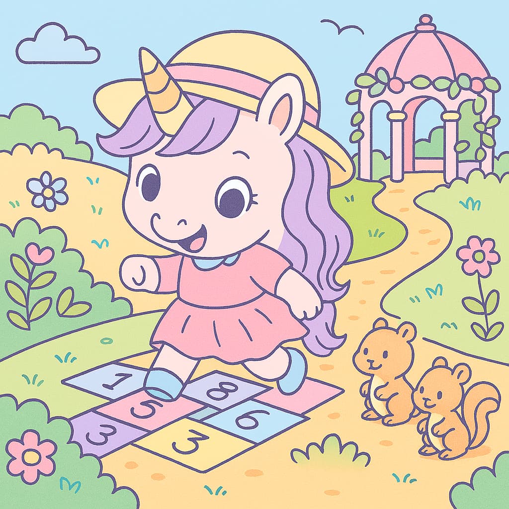 Idée de coloriage de chemin de marelle avec kiosque et écureuils