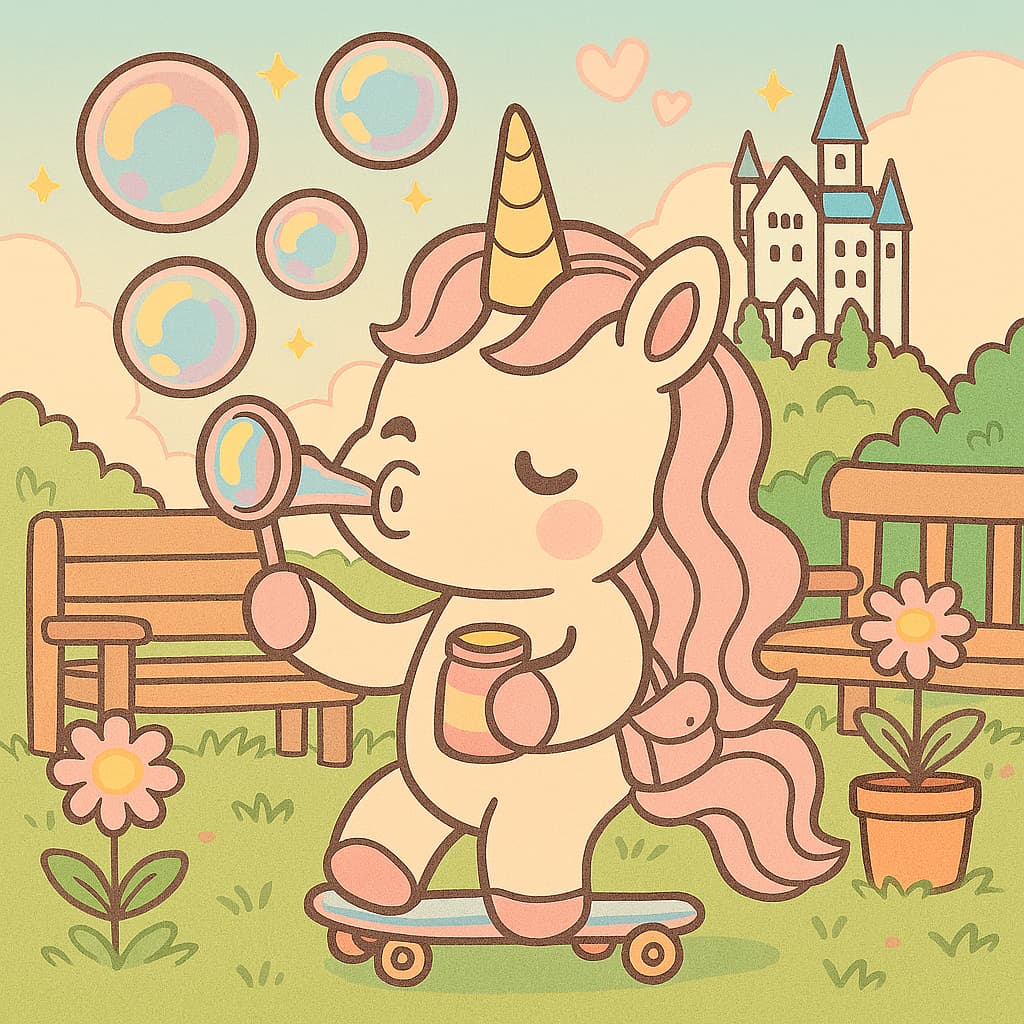 Image de coloriage d'une scène ludique avec des bulles, un banc et un château