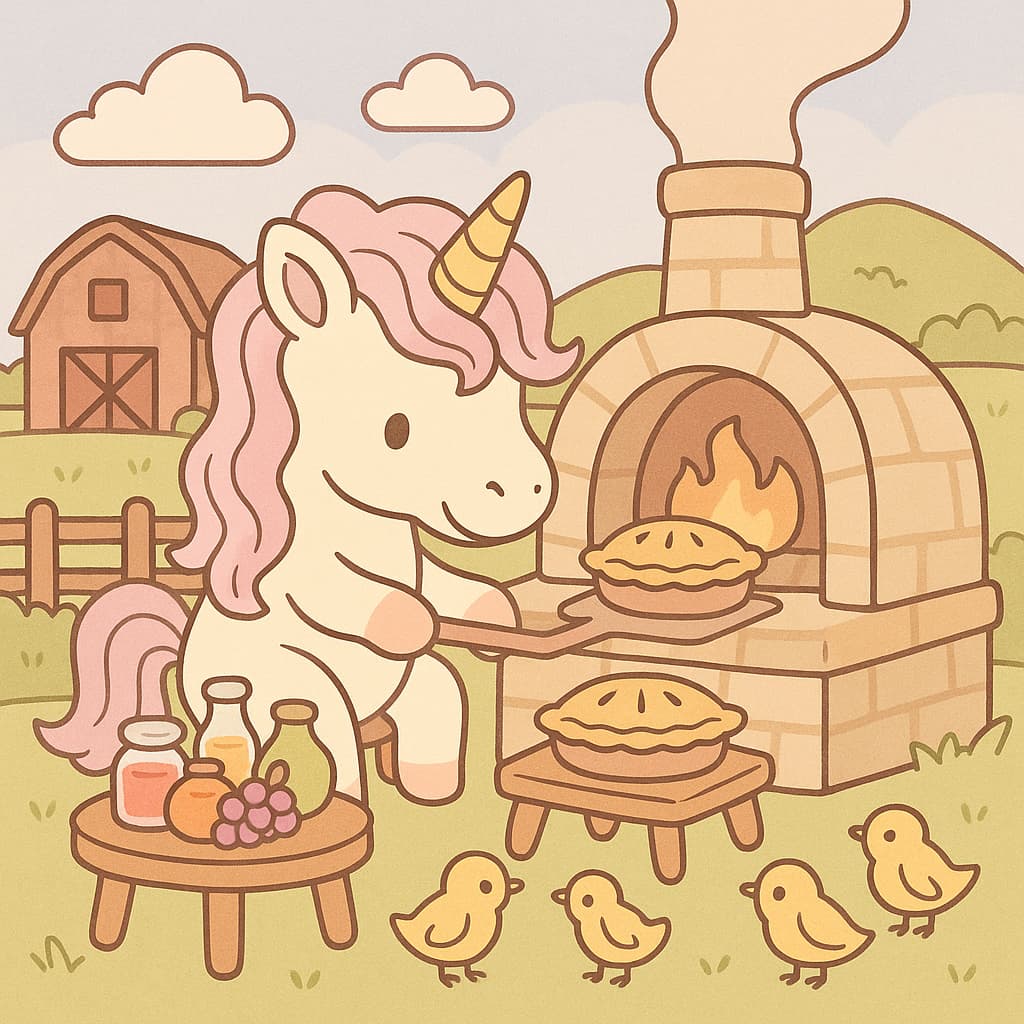 Image de coloriage d'une journée de cuisson à la ferme avec des tartes au four et une grange