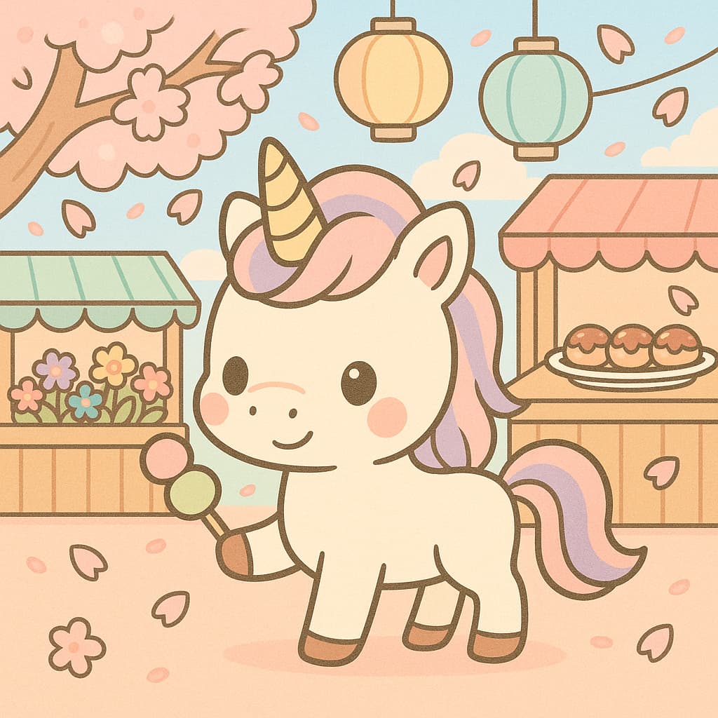 Licorne savourant un dango à une fête des fleurs, idée de coloriage