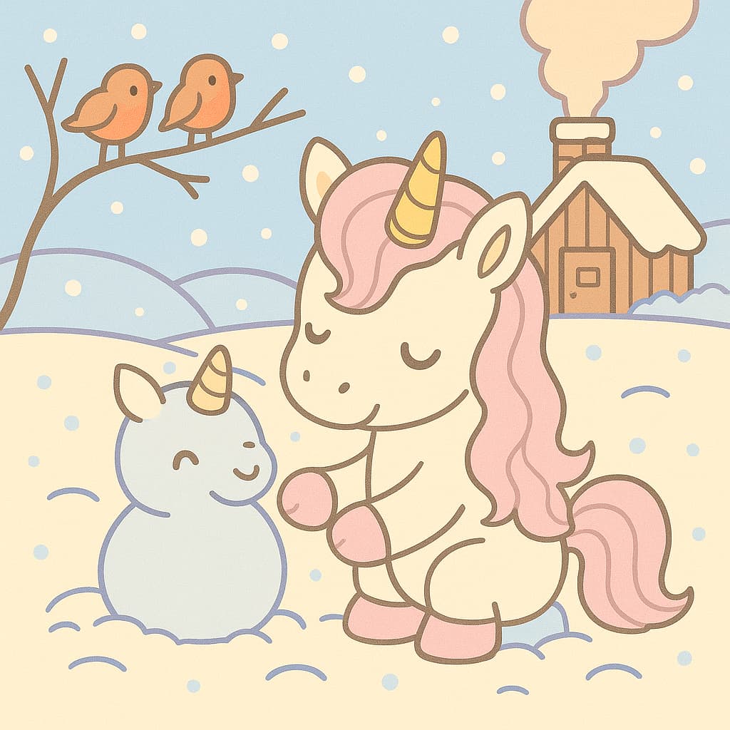 Image de coloriage d'une journée enneigée avec un chalet et un petit bonhomme de neige