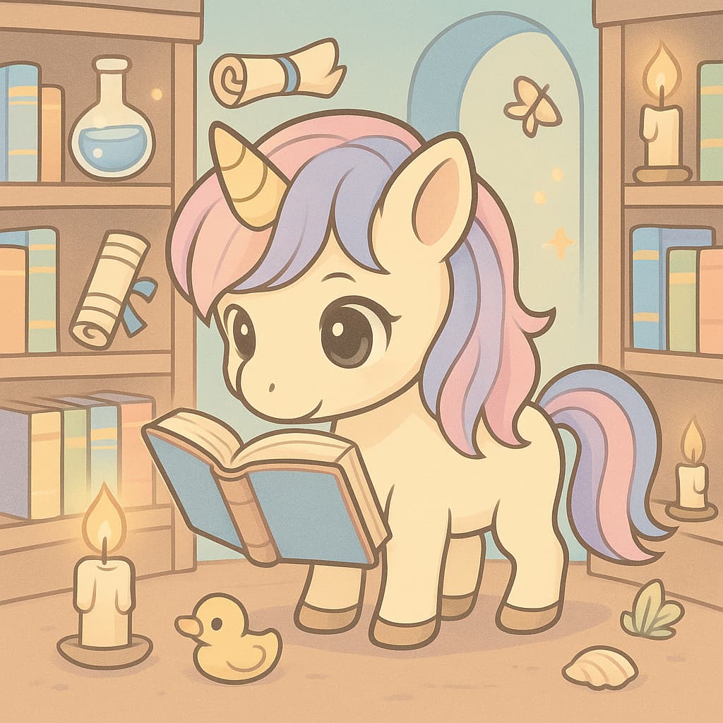 Licorne lisant dans une pièce douillette, idée créative de coloriage