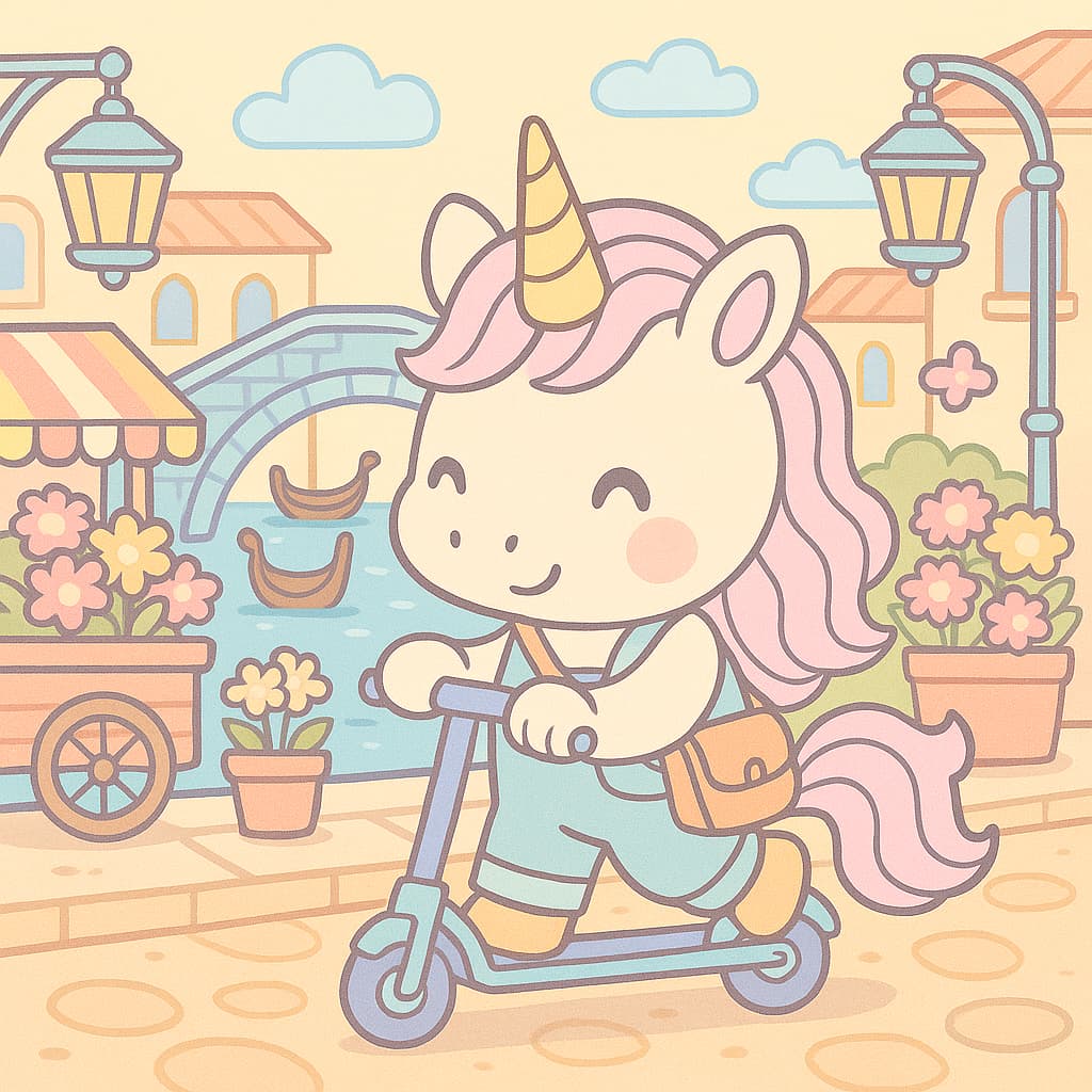 Scène de coloriage d'une ville de canaux avec un scooter et des fleurs